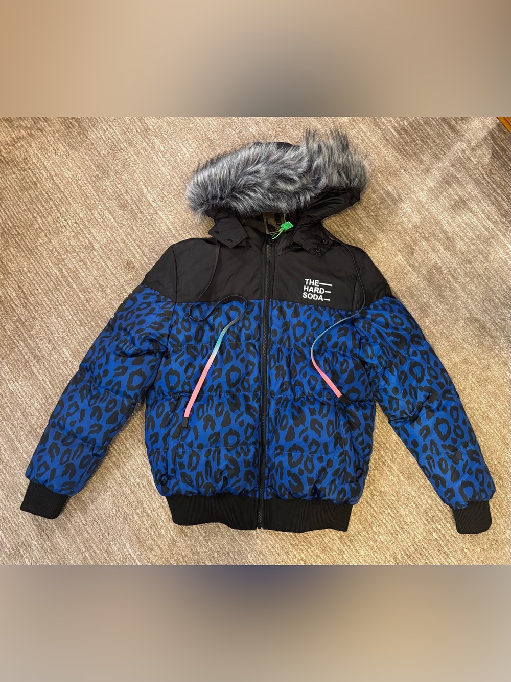 The Hard Soda Women’s Blue Leopard Print Puffer Jacket w/ Faux Fur Hood